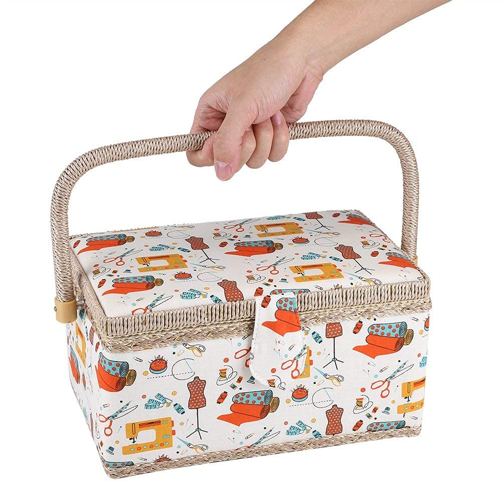 Cocoarm Panier à couture décoratif avec housse en tissu, plateau de rangement en plastique amovible, grand panier de rangement pour accessoires de couture, voyage et usage domestique