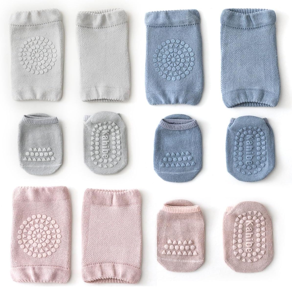 3-Pair Knee Pad & Crawling Sock Set – Comprising 3 Non-Slip Baby Crawling Socks & 3 Secure Knee Protectors – Essential Safety Gear for Kids Aged 1-3(Grey/Blue/Pink)