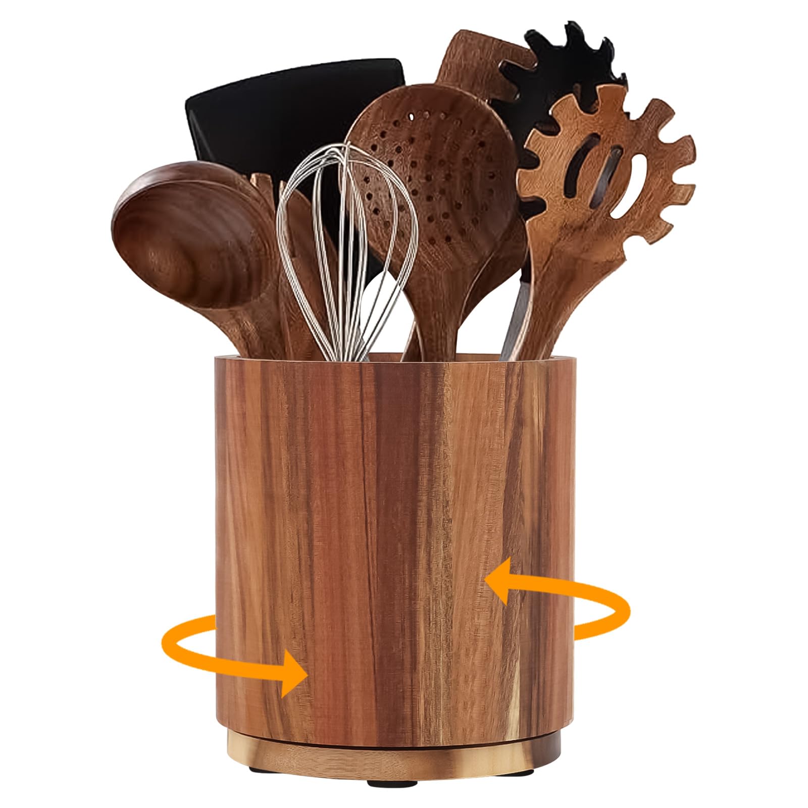 Wooden Utensil Holder, 360° Rotating Acacia Wood Cooking Utensil Holder for Countertop Kitchen Cutlery Silverware Caddy Swivel Cutlery Organizer Storage Crocks for Kitchen Restaurant, 15x16.7cm
