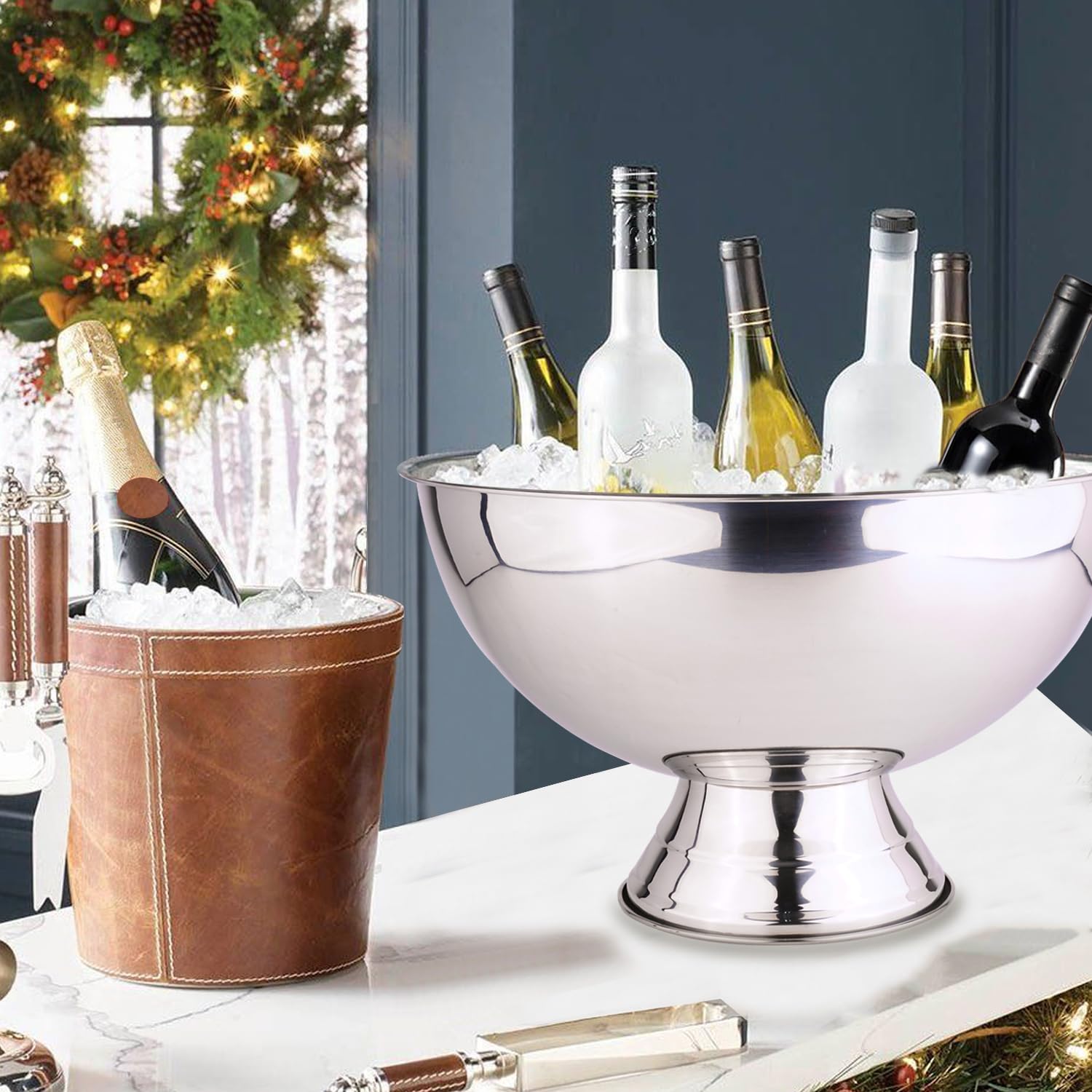 Cuenco grande para champán, 12 L, cubo de hielo con cuchara de acero inoxidable, cubo de hielo grande para fiestas, cuenco de hielo de gran tamaño para vino, cerveza, hogar, bar, celebraciones, 16