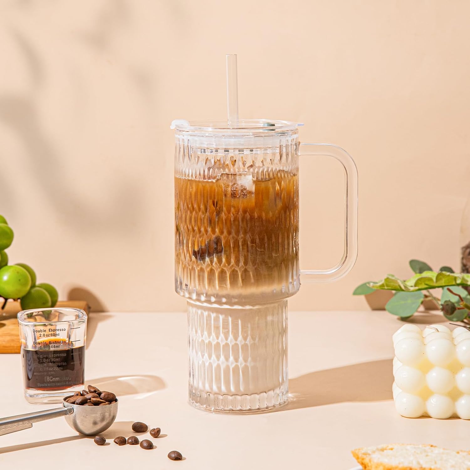 26oz Raindrop Glass Tumbler with Handle - Set of 2, Reusable Iced Coffee Cup, Glass Cup with Lid and Straw for Smoothies, Juice, Coffee, Tea, Milk & More - Image 9