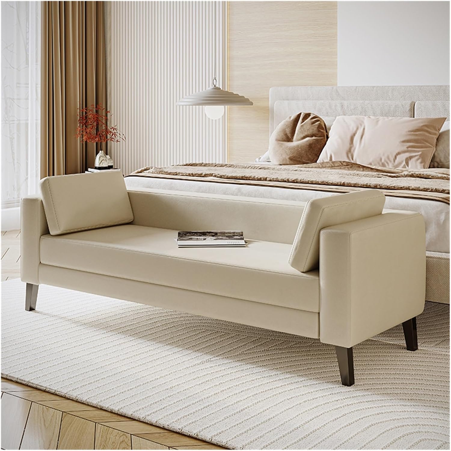Modern Cloth Bedroom Bench for End of Bed, Modern Upholstered Ottoman Long Entryway for Bathroom Living Room Foyer Indoor Entryway(Beige)