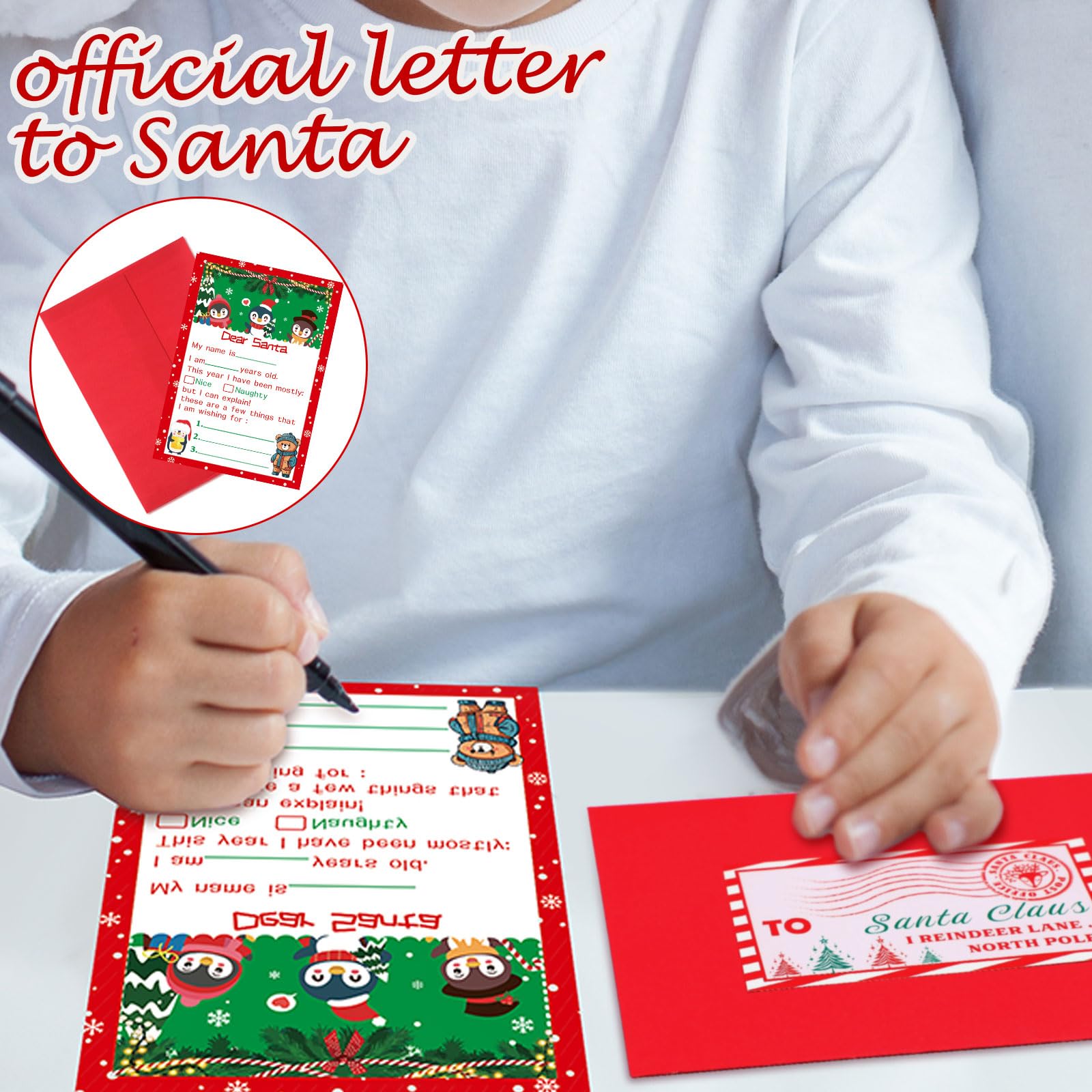 Sinload Kit ufficiale con lettere a Babbo Natale, 512 pezzi, include biglietti di Natale da 12,7 x 17,8 cm, con buste, adesivi, francobolli, lettere a Babbo Natale, per lista dei desideri di Natale