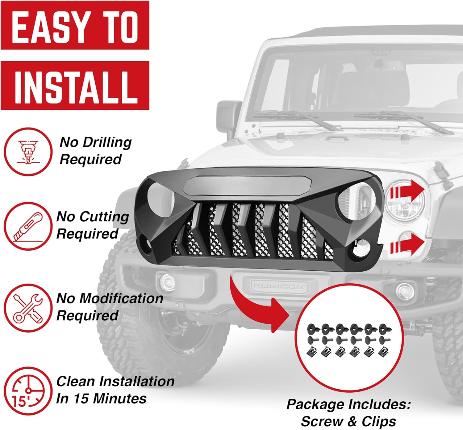 AM AMERICAN MODIFIED Gladiator Vader Easy Installation Front Grille Cover Compatible with Jeep Wrangler 2007 to 2018, JK/JKU, Rubicon, and Sahara Sport, Matte Black