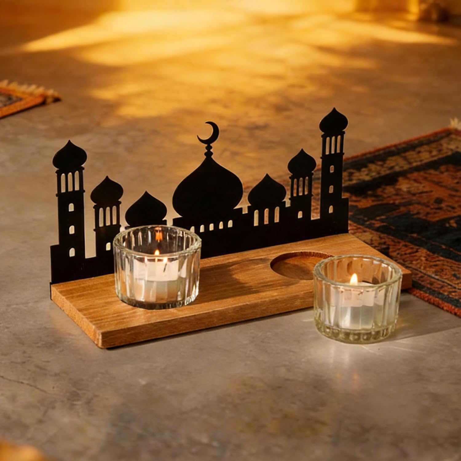 Wooden Ramadan Decorations for Home, Mosque Candle Holder with 2 Glass Tealight Votive Holders, Eid Mubarak Table Decor Centerpiece, Islamic Gifts for Ramadan Kareem, Muslim Home Decor