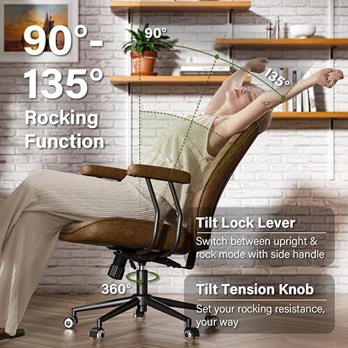 Miniatura 8 de Silla de escritorio de oficina de cuero marrón con ruedas, ruedas silenciosas, altura ajustable, brazos acolchados, silla de oficina vintage de