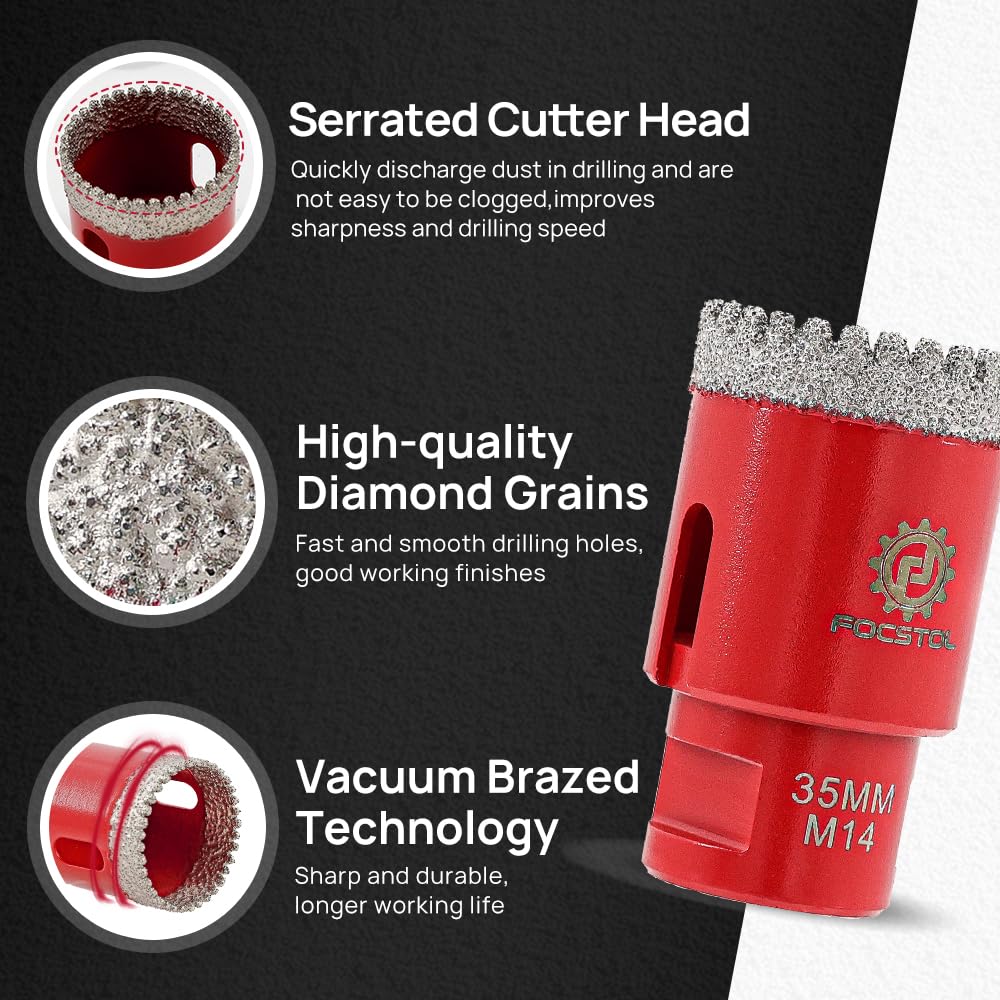 Brocas Diamante para Porcelanico 35mm - FOCSTOL Broca Corona Diamante para Gres Porcelánico Mármol Granito M14 Rosca para Amoladora Angular