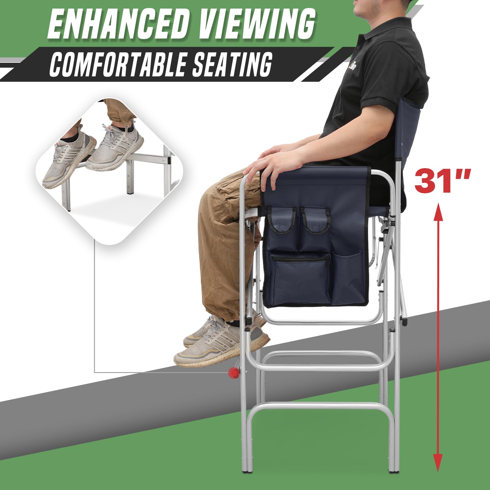 Sedia da regista, alta 78 cm, pieghevole, con telaio in alluminio, sedia da trucco per truccatori, sedia da campeggio portatile con tavolino, portabicchieri e tasche, capacità 113,4 kg (blu)