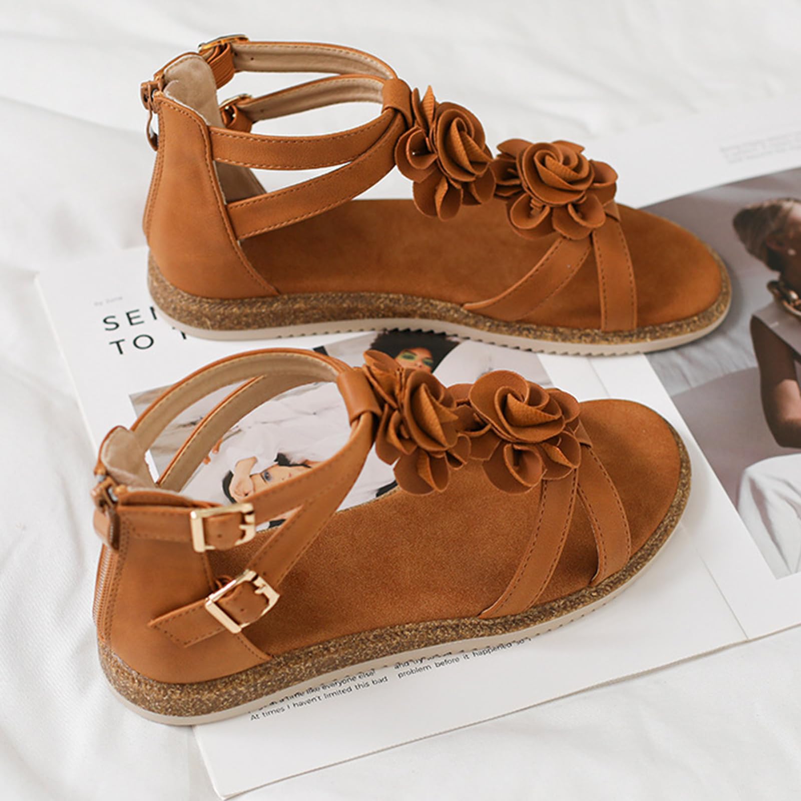 Sandalias boho mujer sandalias romanas planas mujer sandalias florales mujer tiras cruzadas tobillo cremallera trasera punta abierta playa caminar vacaciones viaje mar