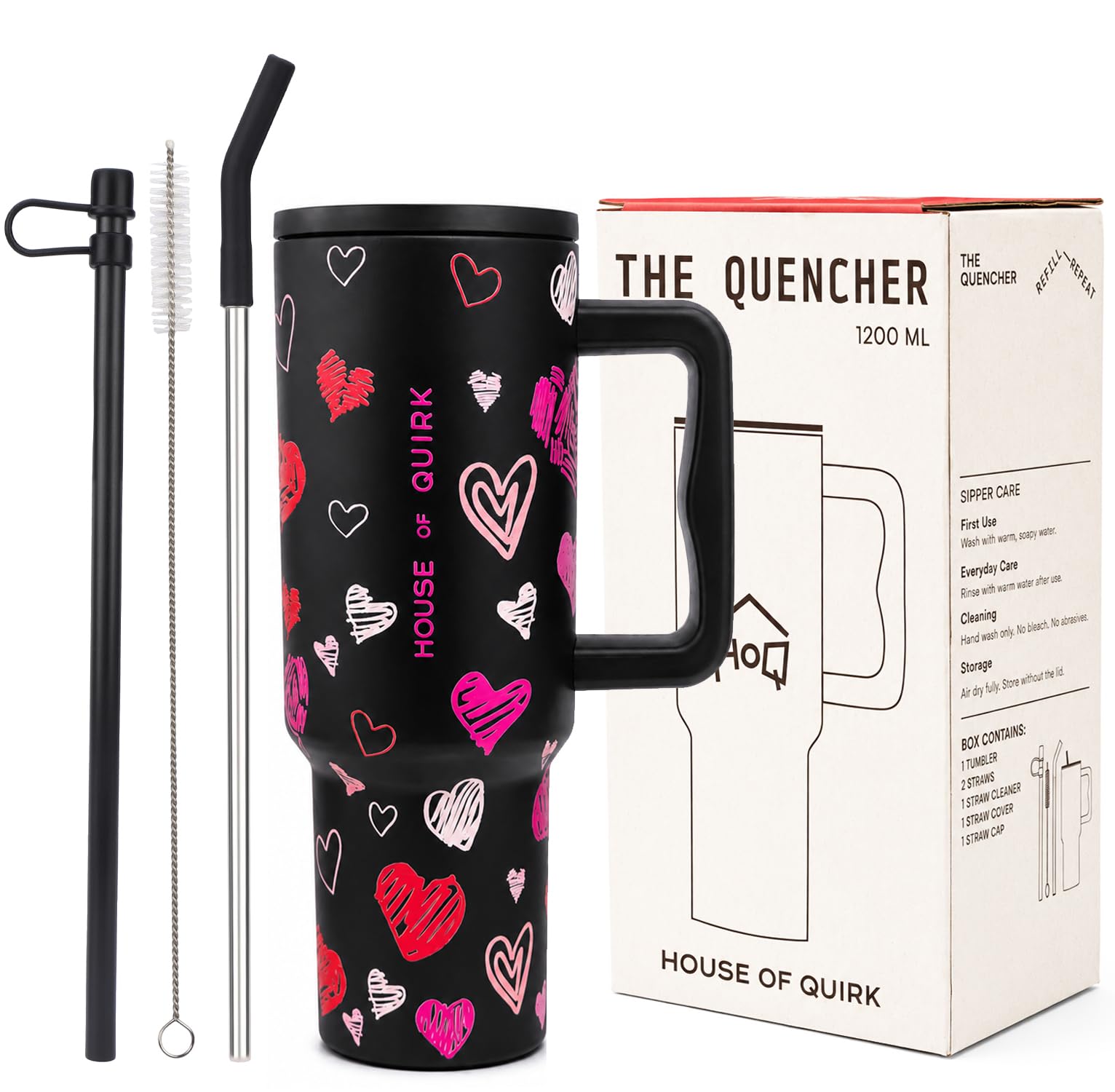 House of Quirk 1200ML Stainless Steel Tumbler with Handle & Lid, 2 Straws – Large Travel Mug Water Cup for Gym, Office & Outdoor Use (Black Heart)