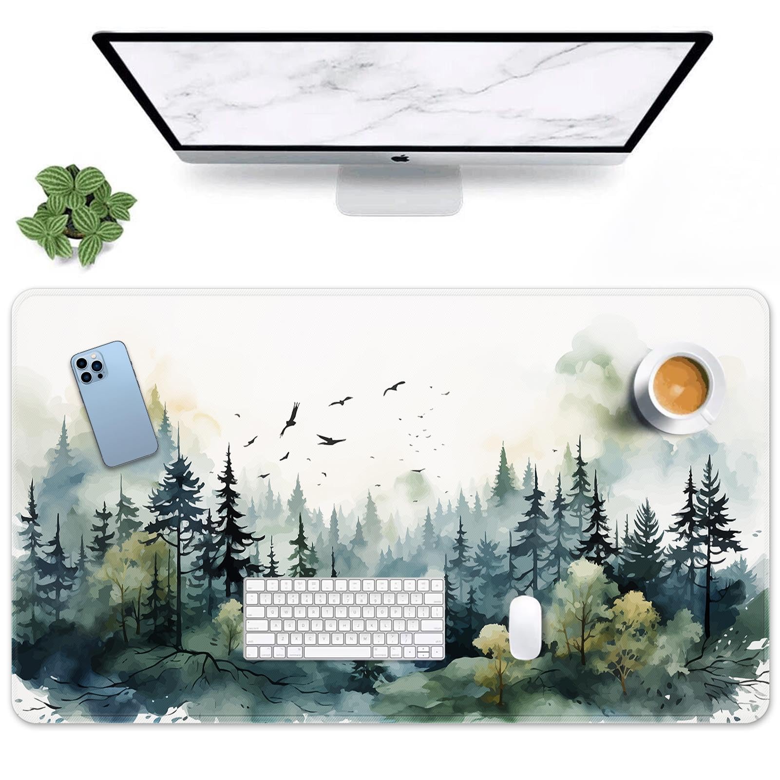Arttown Green Ink Style Mountain Forest Mouse Pad Large Gaming Mat Non-Slip Desk Pad Keyboard and Mouse Desk Mat for Gamer, Office & Home, 31.5 x 15.7