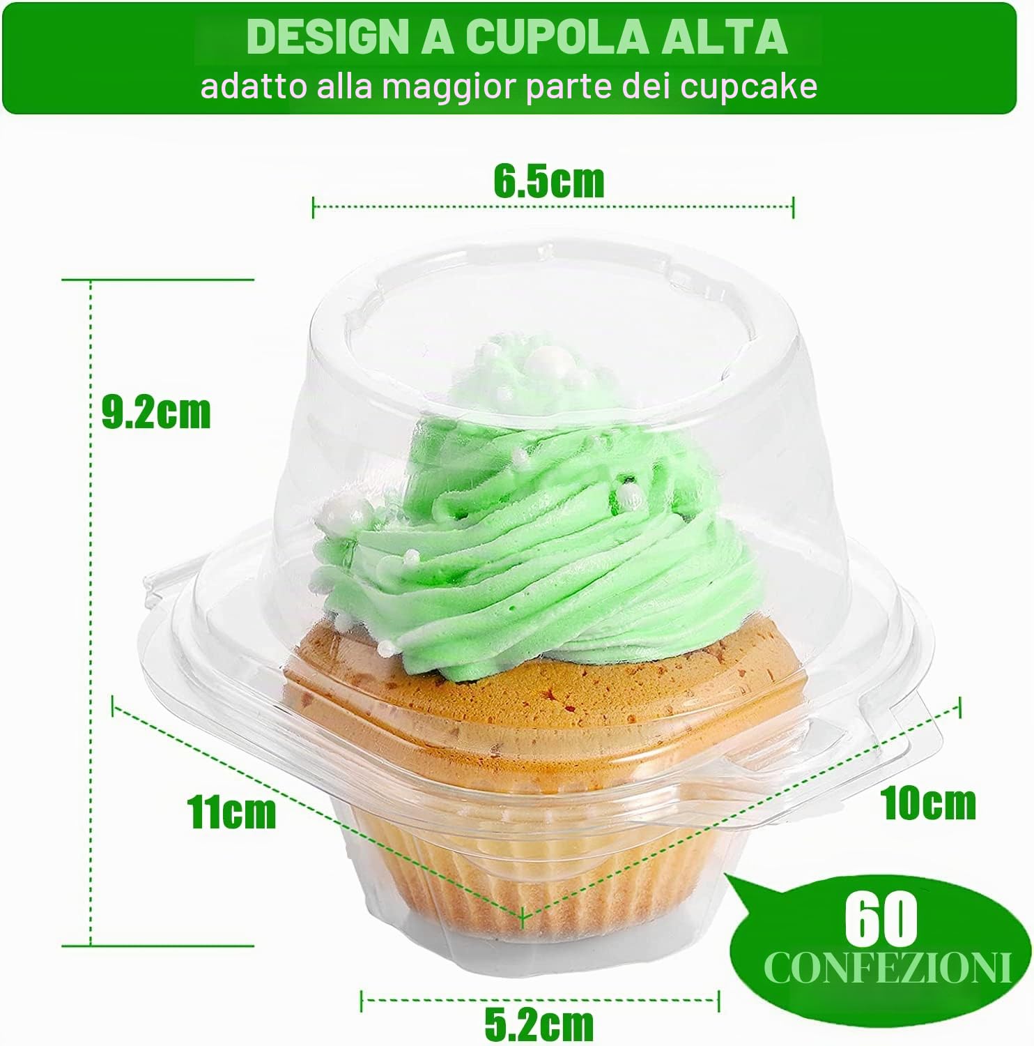 LATERN 60 Pezzi Scatole Trasparenti per Cupcake, 11cm Scatole per Cupcake in Plastica Individuali Porta Cupcake Singolo a Cupola Alta Contenitore per Alimenti Incernierato con Coperchi
