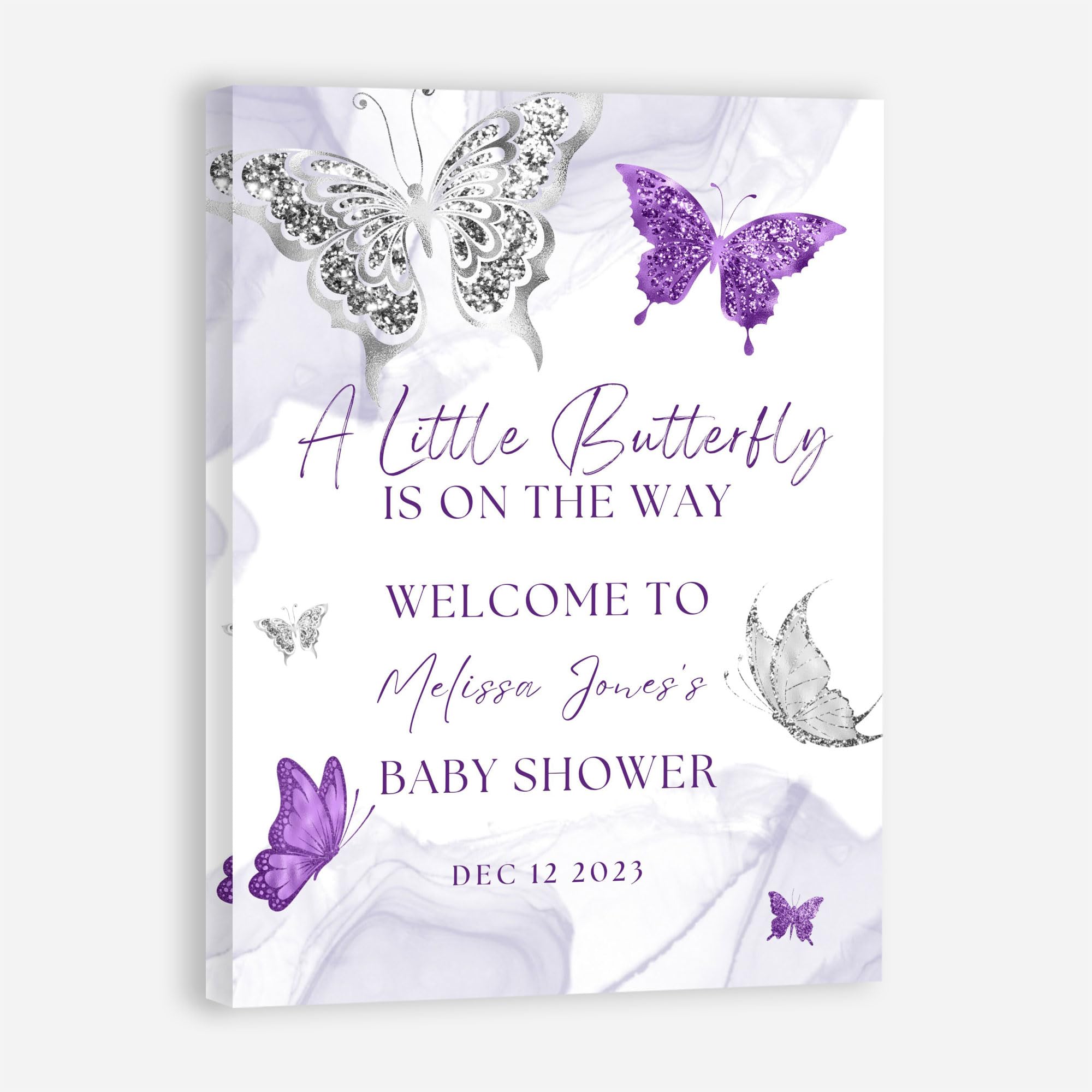 Personalized Baby Shower Welcome Sign, A Little Butterfly Is On The Way, Purple And Silver Butterfly, Welcome Poster