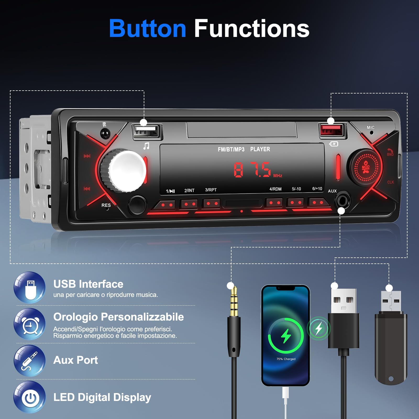 Auto Radio mit Bluetooth, Autoradio mit FM Radio/AUX/EQ/USB/RCA/U Disk/EQ/SWC, Autoradio 1 Din Unterstützung MP3 Player 12V