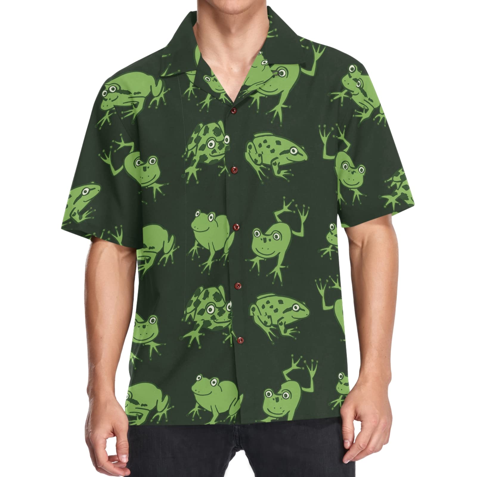 Mens Casual Button Short Sleeve Hawaiian Shirt Funny Frog Animal Pattern Aloha Shirt, Multicolor 3XL