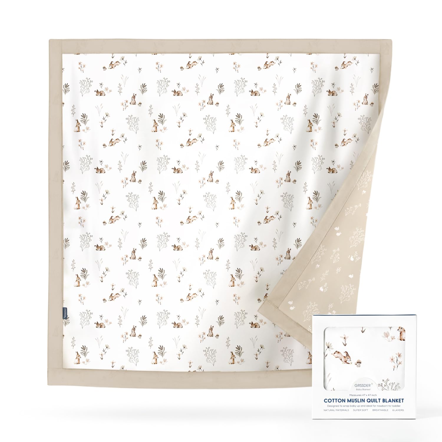 GRSSDER Cotton Muslin Quilt Blanket - Silky Soft and Breathable Baby Blanket Quilt, Oversized Muslin Blankets for Newborns, Toddlers &amp; Kids, 6 Layers Reversible Design for All Seasons, 47" x 47"