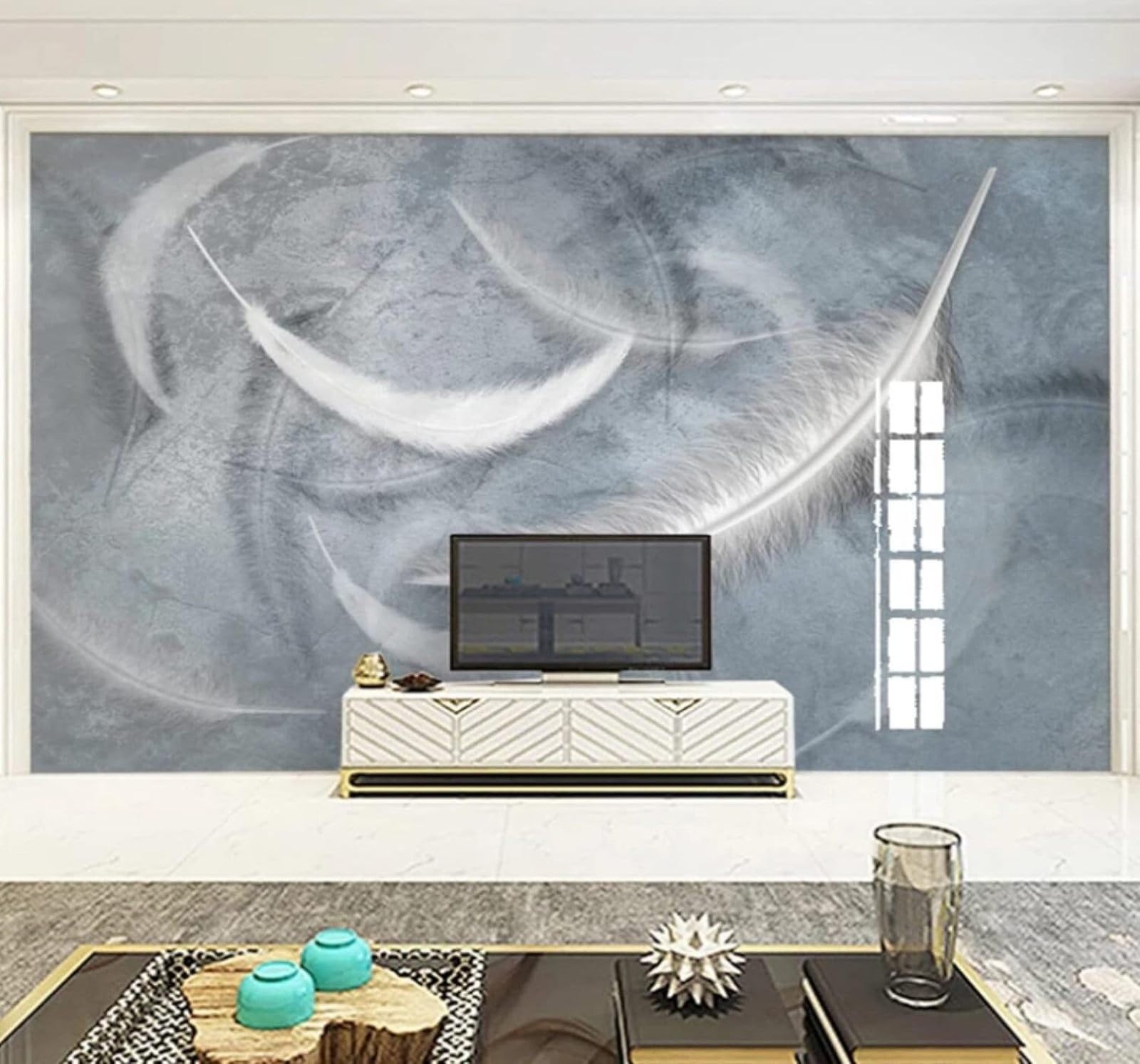 XLMING Abstract Grey Three Dimensional White Feathers 3D Wallpaper Luxury Home Dining Decor Paste Sofa Living Room The Wall for Bedroom Mural-350cm×256cm