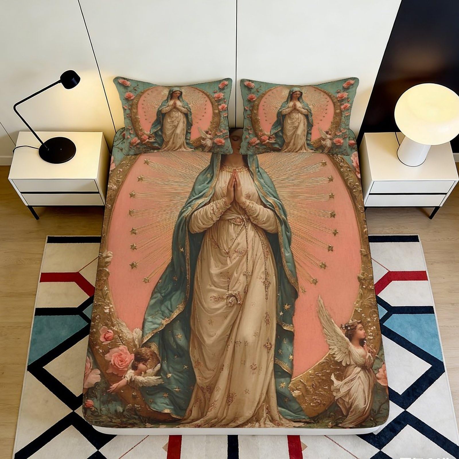 3D Printed Virgin Mary Fitted Sheet Microfiber Soft Religious Angel Bed Cover for Bedroom Dorm Decor Mattress Protection 90x200x25cm