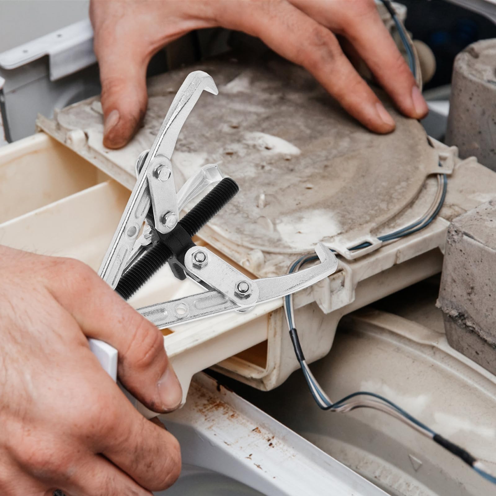 1 Satz Abzieher für Waschmaschinenzahnräder Metalllager Abzieher aus Kohlenstoffstahl Dreiarmabzieher mit Unterlegscheiben Praktisches Reparaturwerkzeug für Waschmaschinen