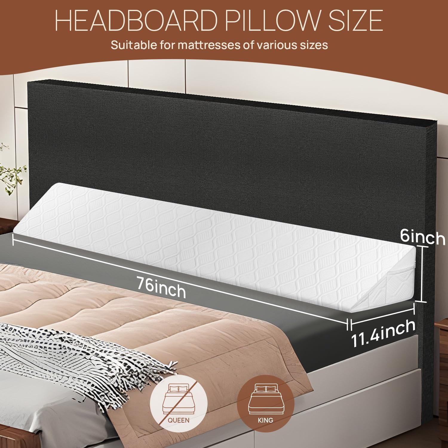 Purple Llama King Headboard Pillow, (76"x11.4"x6") 30D Memory Foam Bed Wedge Pillow for Headboard with 2 Covers and 3 Pocket on Both Sides, (0-8") Bed Gap Filler Between Mattress and Headboard