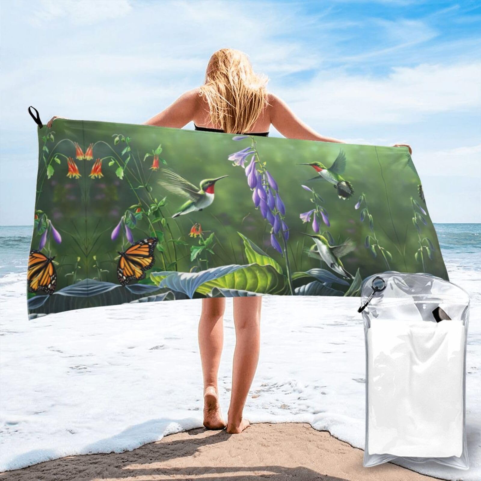 KAPPTYY Hummingbird Butterfly Print Quick Dry Towel Bath Shower Beach Wrap For Gym Vacation Adults