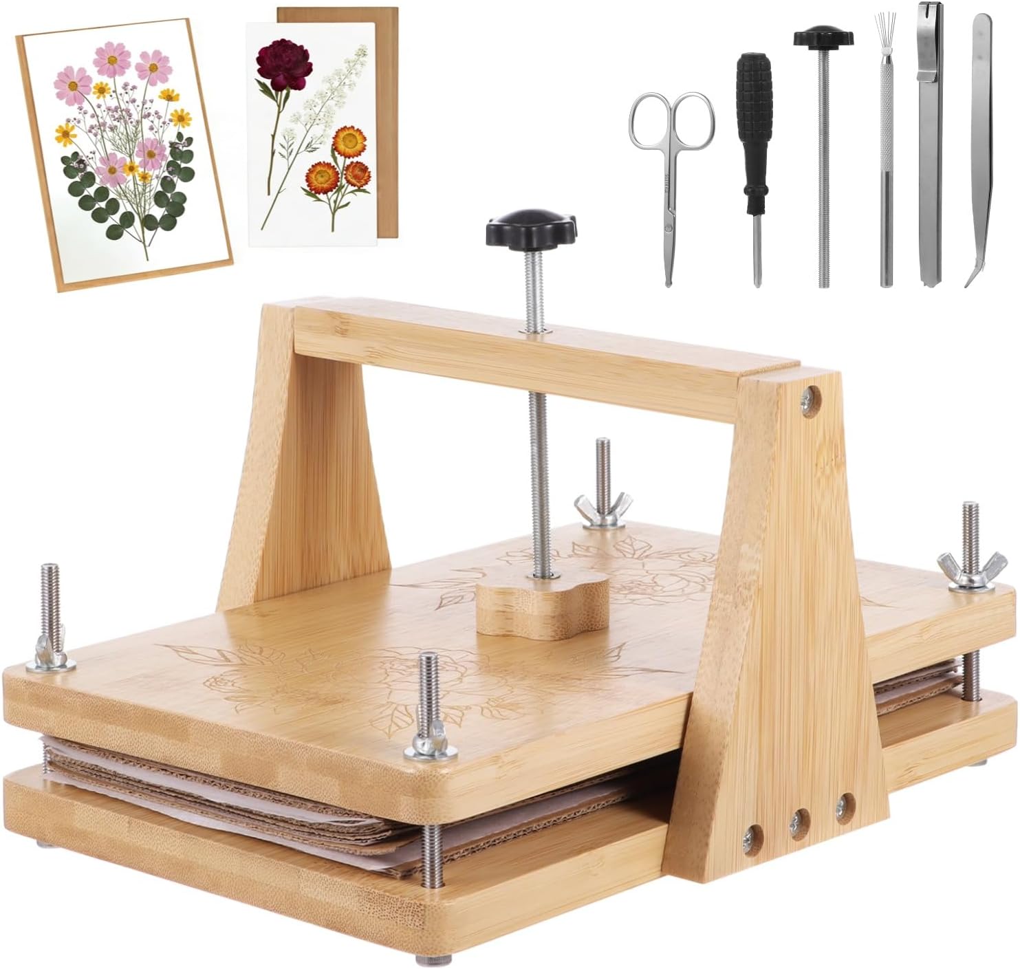 Large Flower Press Kit with 6 Layers, Wood Floral Pressing Kit for Adult DIY Art Craft, Includes Flower Press, Cardboard Plates, Absorbent Paper