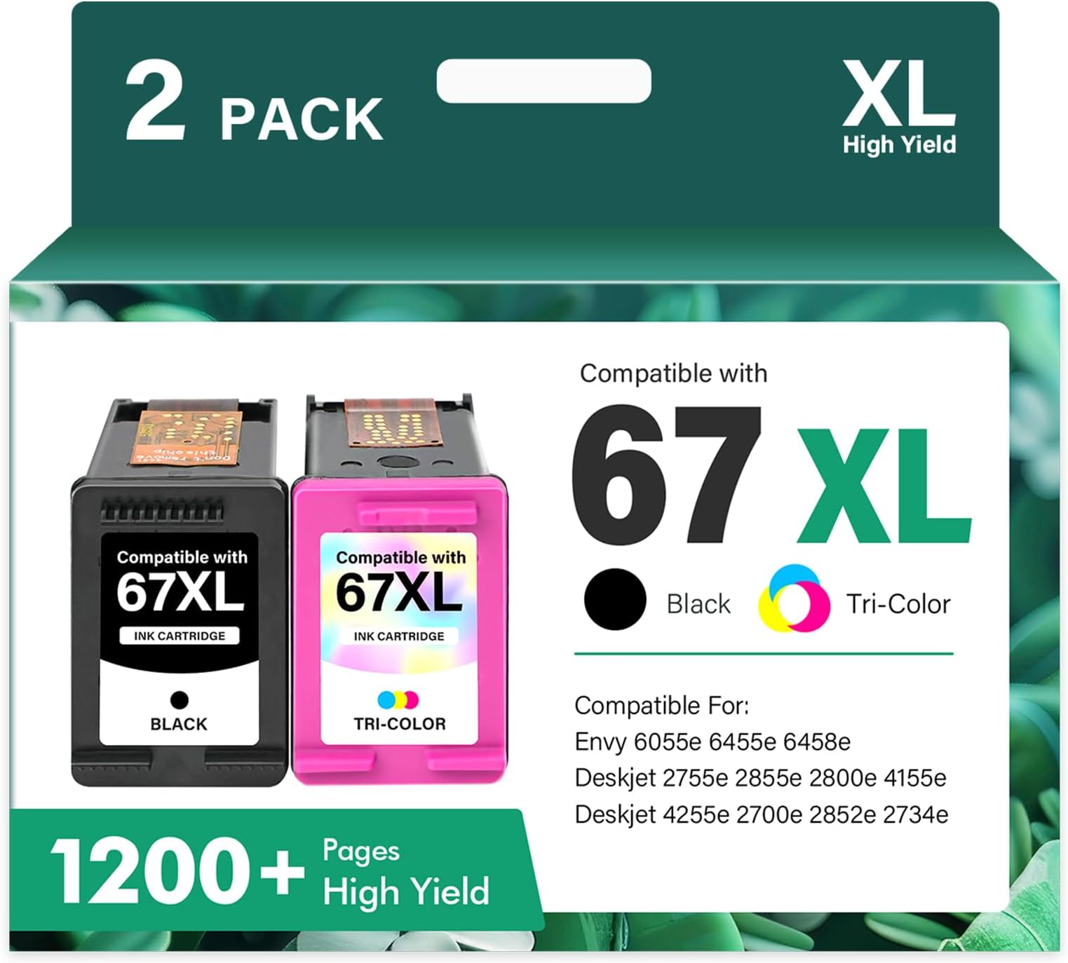 67XL 67 6055e 2755e 2800e 2855e 6000 Ink Cartridges Black/Colour Combo Pack Compatible for HP Printer DeskJet 6055e 2700 4155e 4255e 4100 2700e 2734e 2800 2852e Envy 6055 e 64555 E 6400 Series (2-Pack