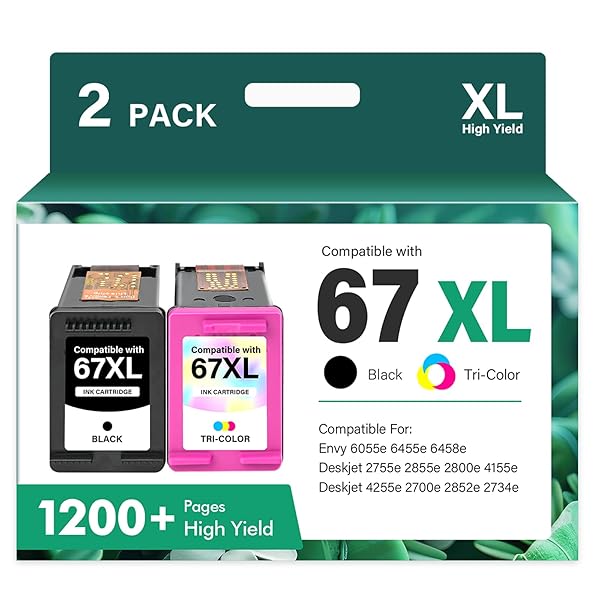 67XL 67 6055e 2755e 2800e 2855e 6000 Ink Cartridges Black/Color Combo Pack Compatible for HP Printer DeskJet 6055e 2700 4155e 4255e 4100 2700e 2734e 2800 2852e Envy 6055e 6455e 6400 Series (2-Pack)