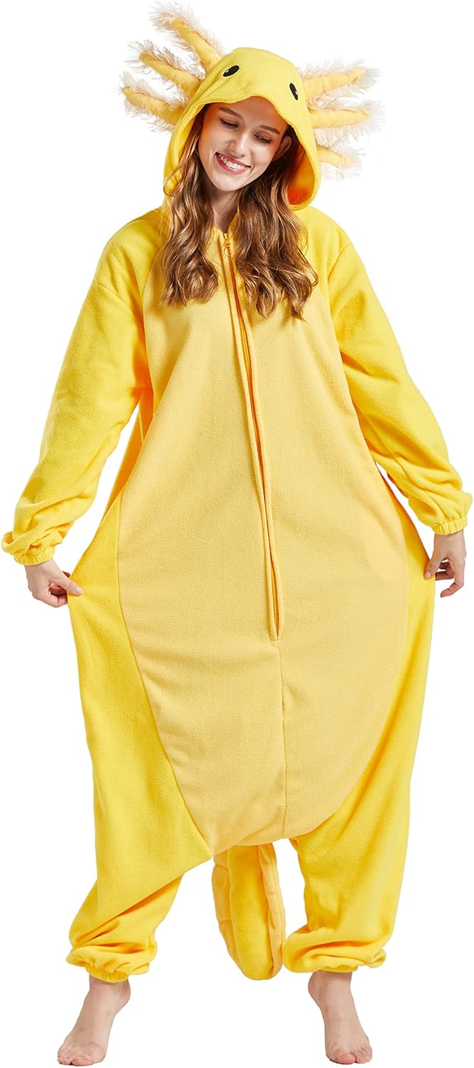 DELEY Unisex Axolotl Costume Adult Onesie, One Piece Pajamas, Halloween Cosplay Costumes Homewear Jumpsuit,Animal Onesie