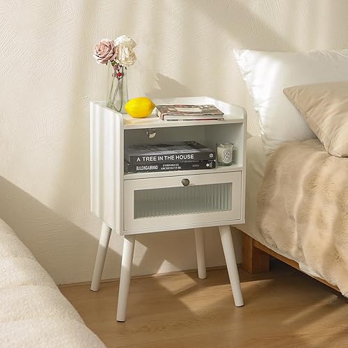 Miniatura 2 de AWASEN Mesita de noche blanca con estación de carga, moderna mesita de noche con cajón decorativo de cristal, mesa auxiliar pequeña con espacio de