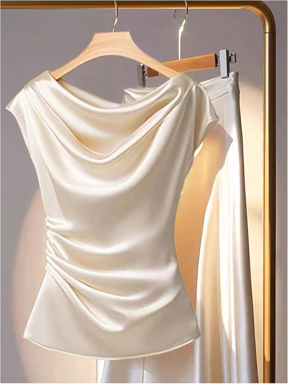 SOLY HUX Women's Satin Blouse Ruched Cowl Neck Elegant Shirt Summer Tops Work Office Outfits - Image 4