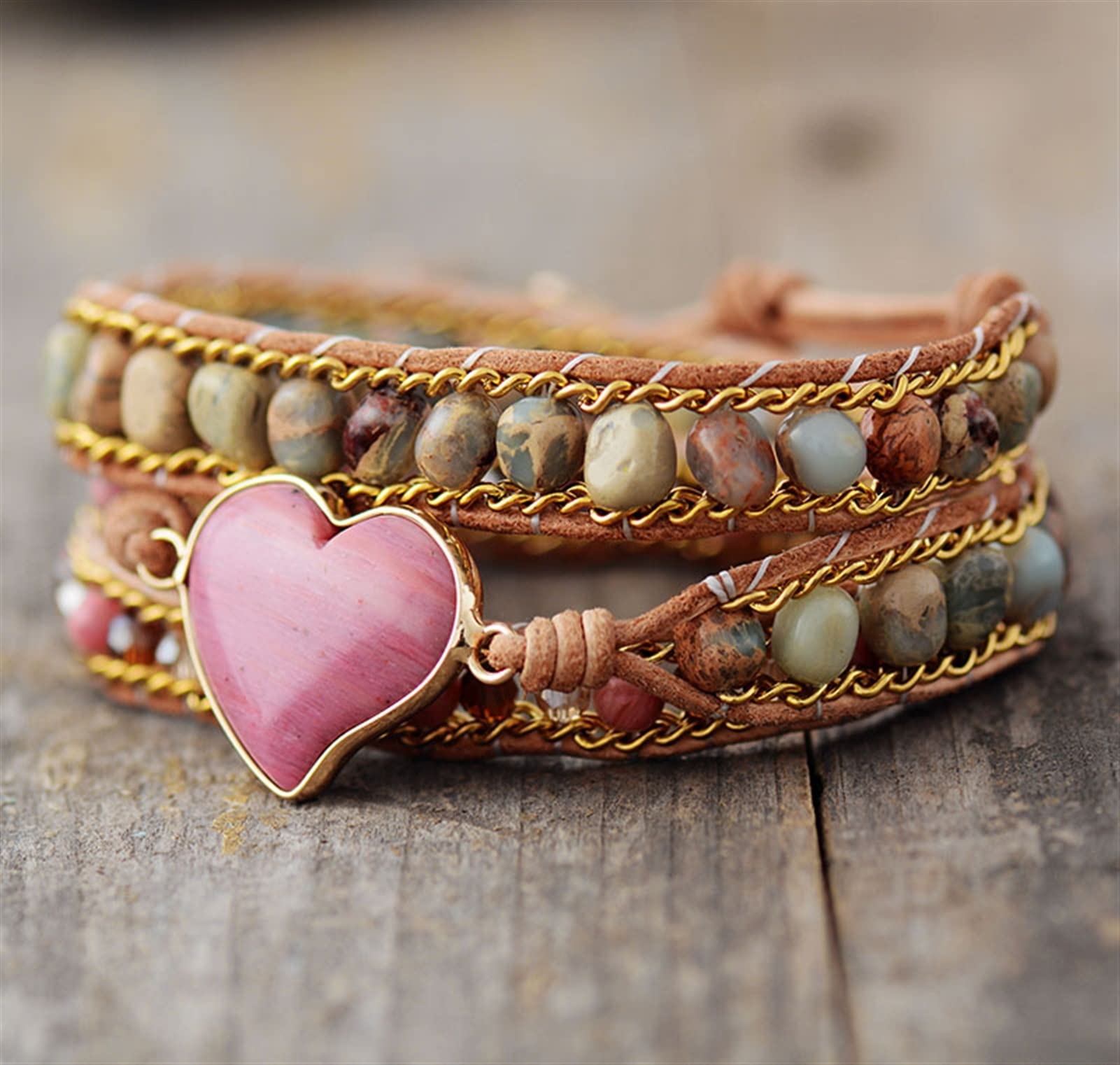 Luxus Herzform Wickelarmbänder W/Jaspis Kristall 3 Stränge Leder Kettenarmband Mode Bijoux Schmuck Armband Schmuck