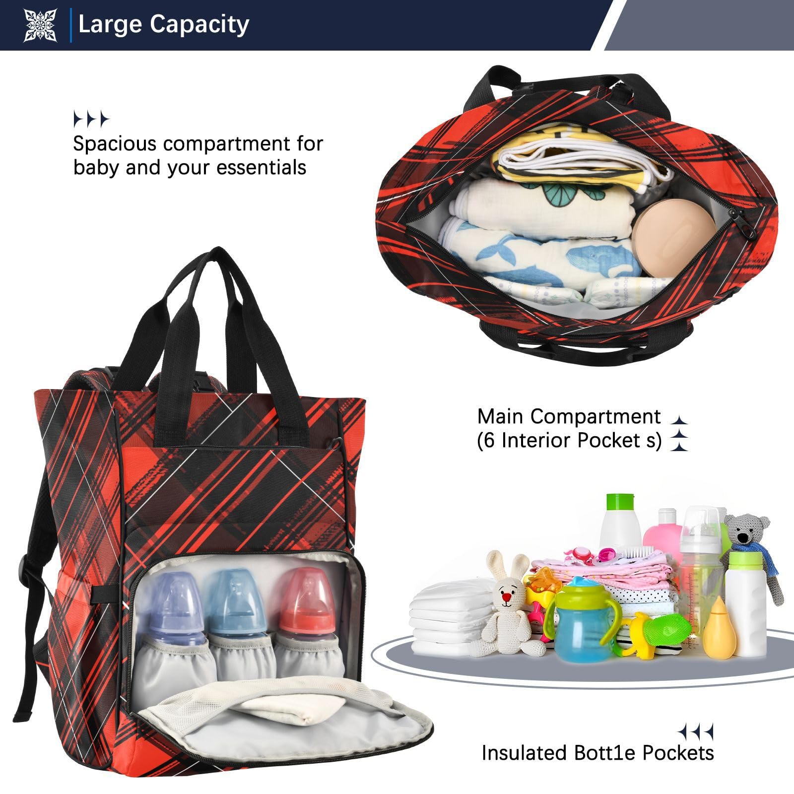 Arte De LíNea Roja Negra Abstracta Bolsa de Pañales Mochila de Viaje Gran Capacidad Bolsas para Mamá Papá Mujeres Niñas