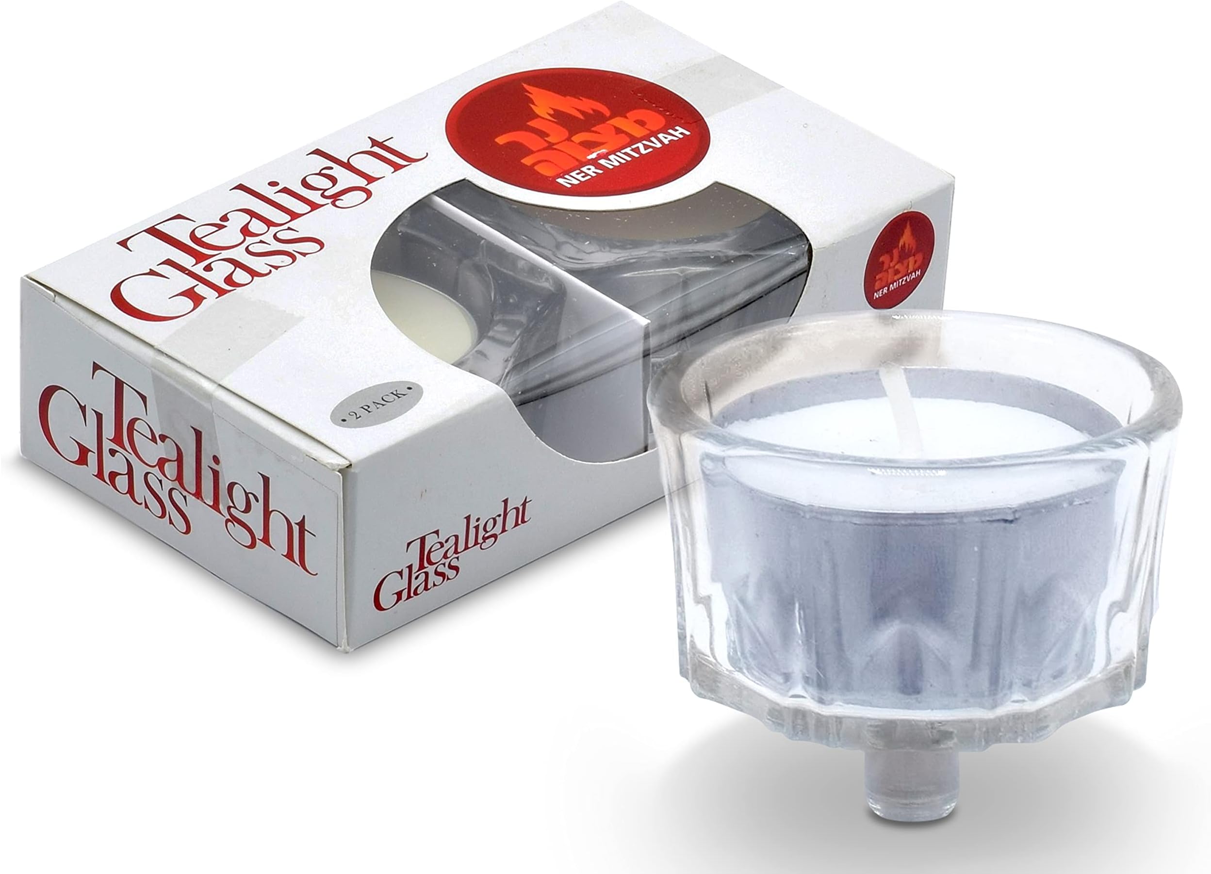 Ner Mitzvah Tea Light Holders with Tealight Candles - 2 Pack Crystal Glass Tealight Candle Holder for Candelabra and Candlesticks - Safety Rubber Set Included - Fits All Standard Tealights