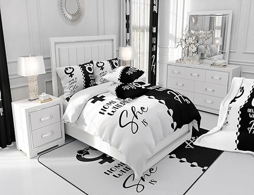 Miniatura 5 de Funda de edredón de matrimonio para parejas, funda de edredón de corazones amorosos, tamaño King, Home Is Where She Is House Is Where He Is, juego