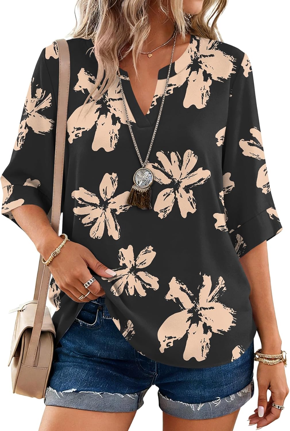 LOMON Women's Dressy 3/4 Length Sleeve Tops Business Casual Blouses Summer Tees Shirts