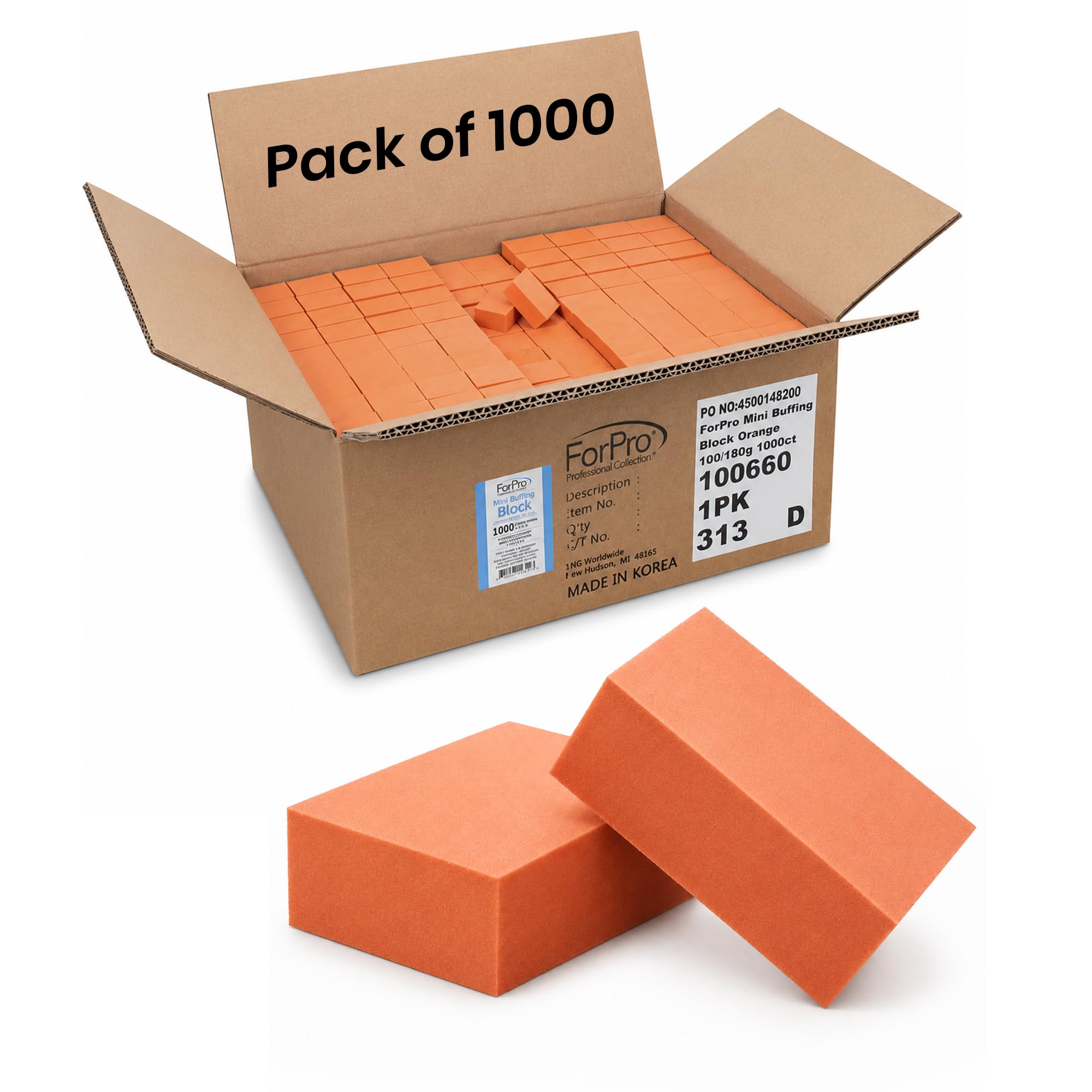 ForPro 1000 Pack Mini Buffing Block, Orange, 100/180 Grit, Nail Buffer Orange 1000 Count (Pack of 1)