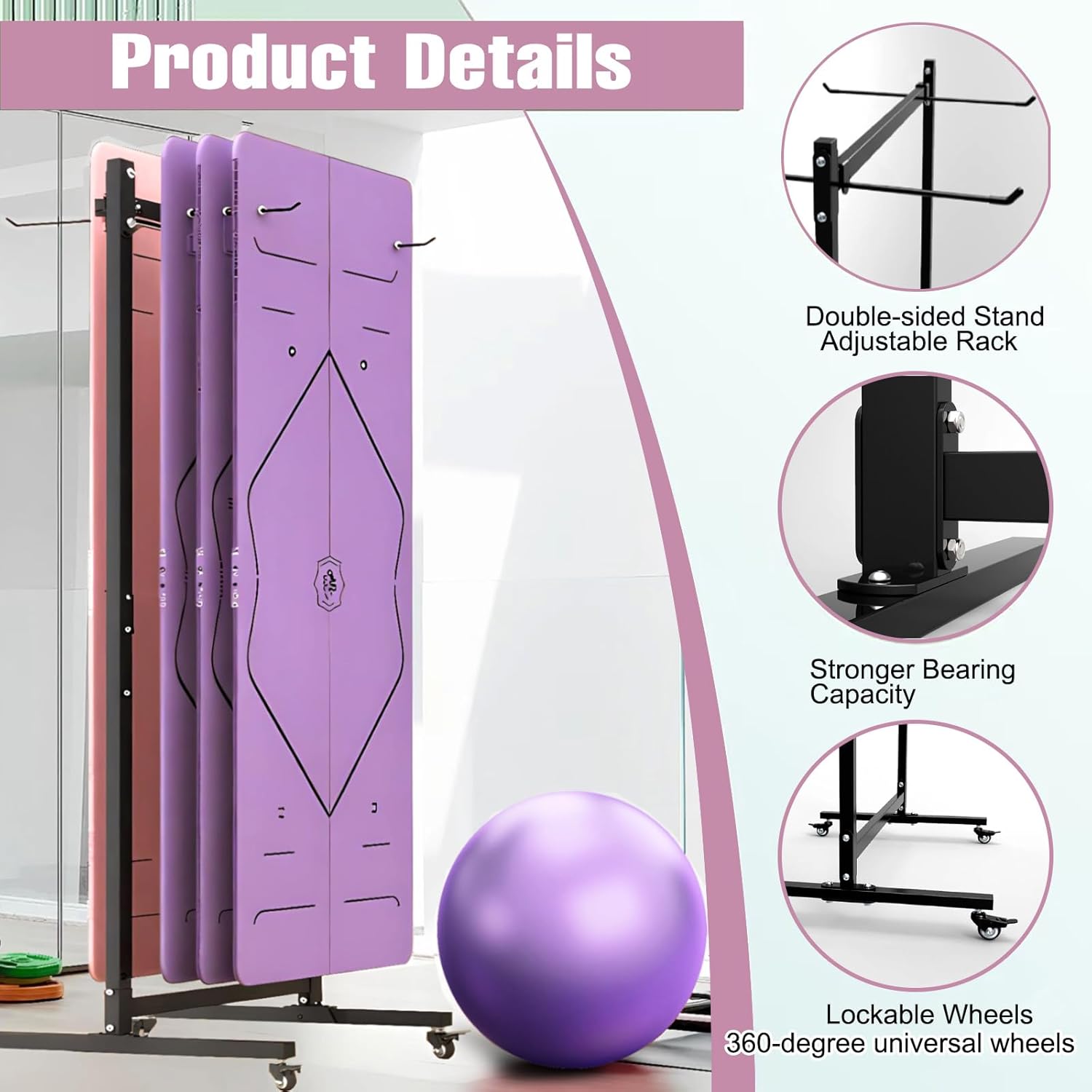 VIVINLE Yoga Mat Storage Rack on Wheels, Metal Yoga Mat Holder with Double Sided Hooks & Punching Tool, Rolling Organizer Cart for Home Gym, Exercise & Fitness Club