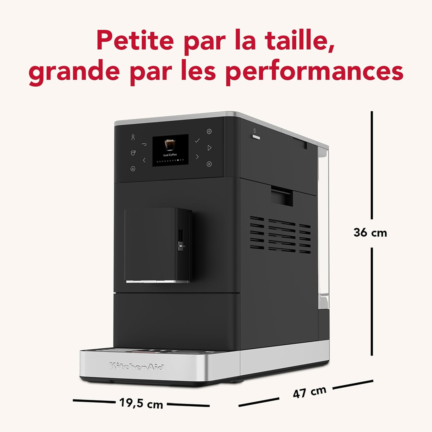 KitchenAid KF3 Coffee Machine with dimensions: 36 cm height, 19.5 cm width, 47 cm depth.