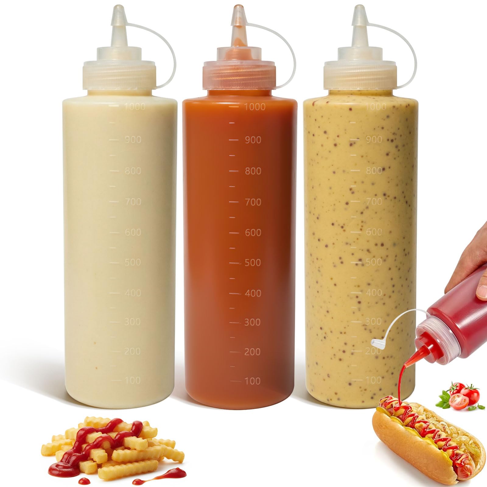 OAMCEG 3-Pack Sauce Squeeze Bottles, 32 oz/1000 ml BPA-Free Plastic Ketchup & Condiment Bottles with Measurement for Syrup, Dressings, Mayonnaise,Hot Sauce