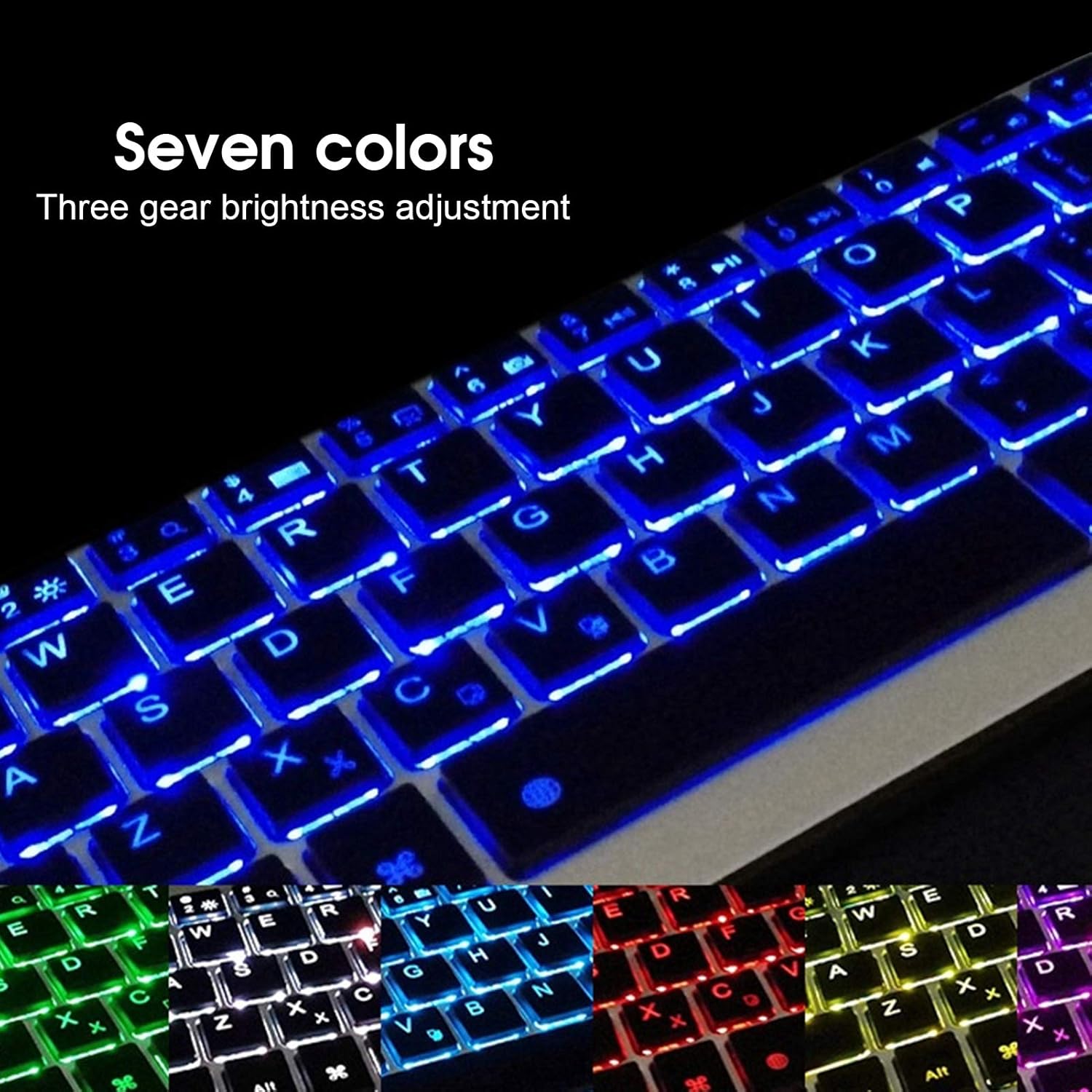 Close-up of the keyboard showing seven-color backlighting