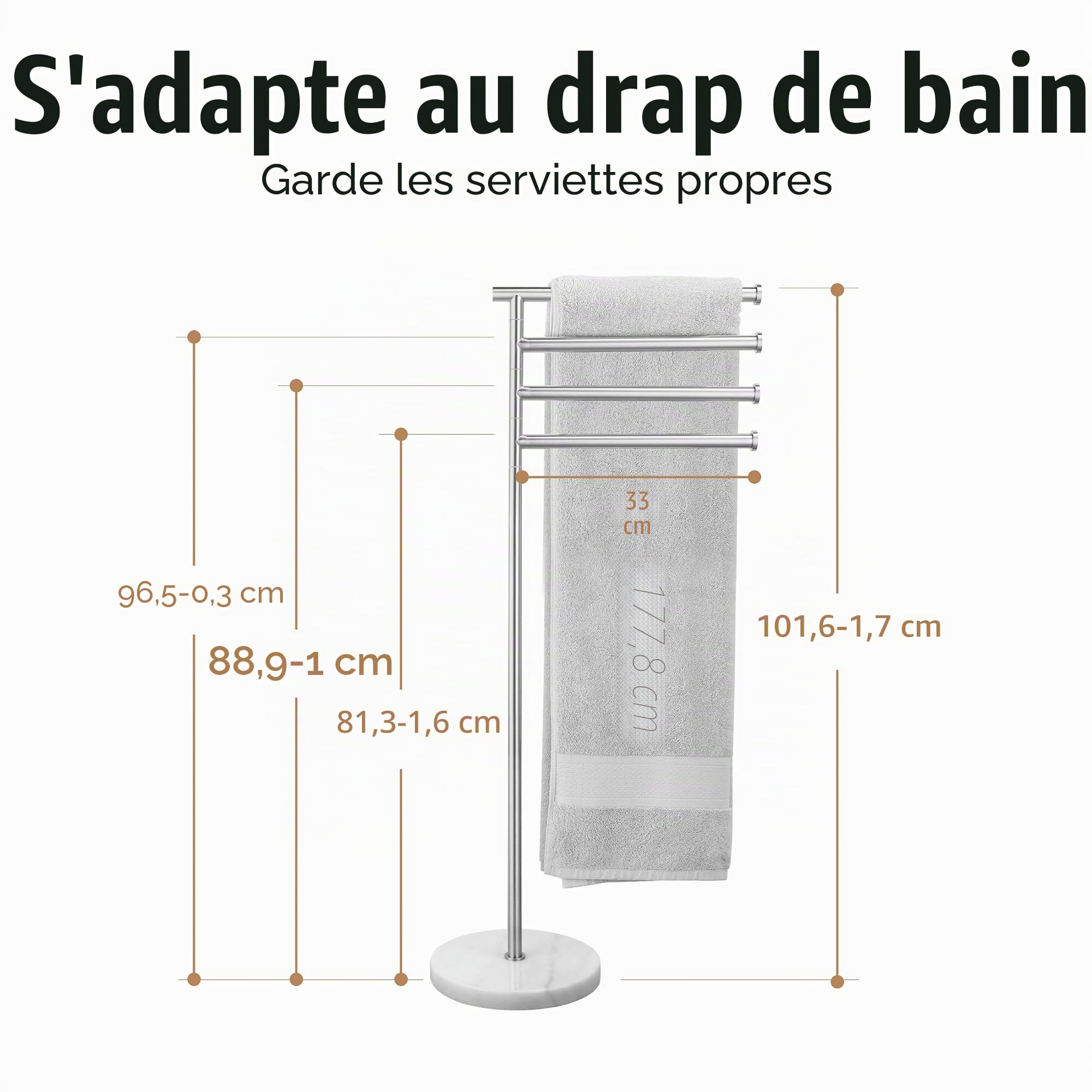 KES Porte-Serviettes sur Pied Porte Serviettes Pivotant 4 Barres avec Base en Marbre Porte Serviette Acier Inoxydable SUS304 Barre Porte-Serviette Brossé, BTH219S4-2