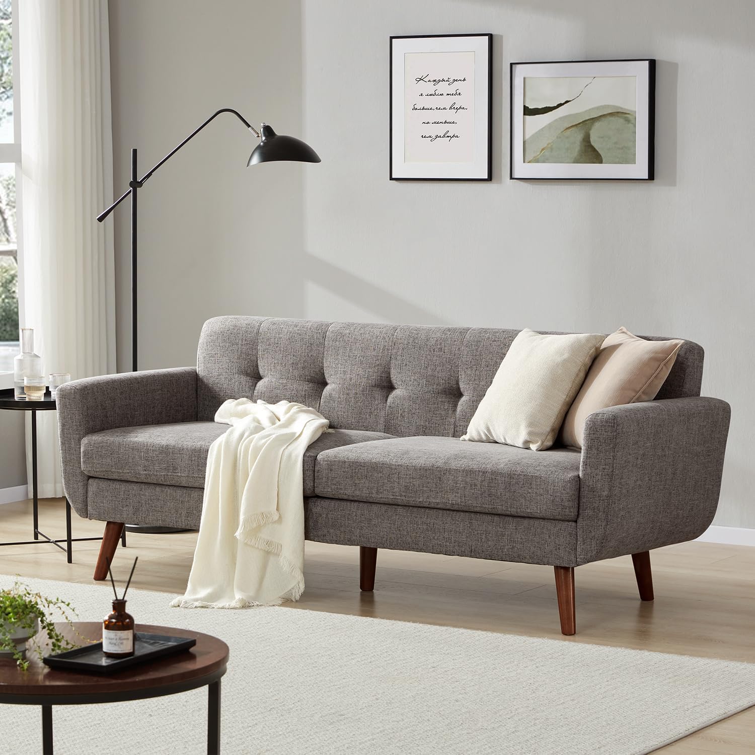 78" W Linen Sofa Couch, Mid Century Modern Decor Loveseat Couches for Living Room, Button Tufted Upholstered Small Couch for Bedroom, Solid, and Easy to Install Love Seats Furniture, Grey