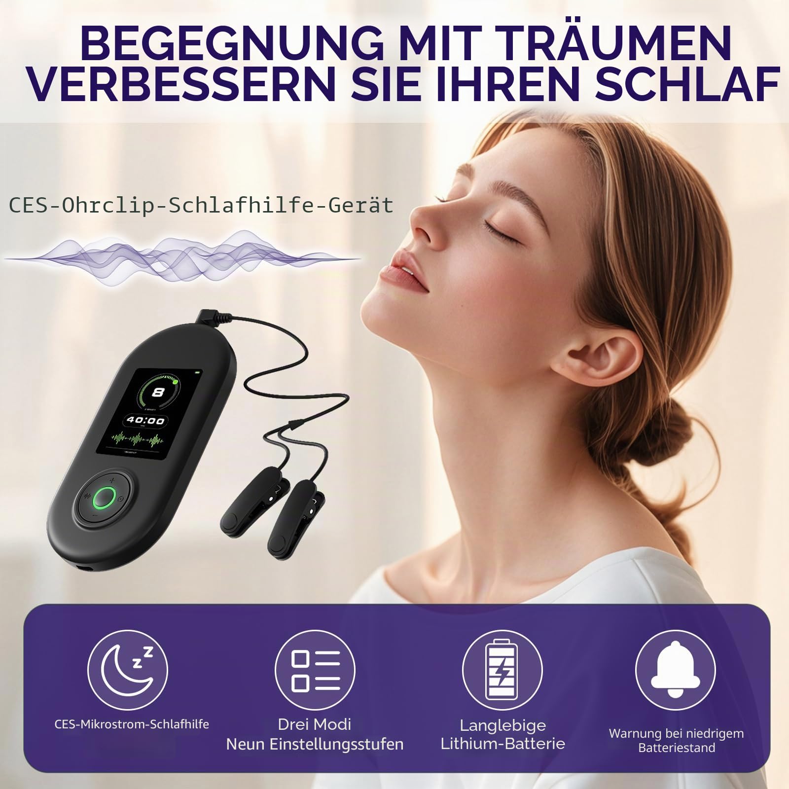 Fortschrittliches Schlafhilfegerät,Gerät zur Vagusnervstimulation mit Ohrclips,Schlafhilfegerät, CES Reduziert Angstzustände,Mikrostrom Schlafhilfegerät,3 Modi 9 Stärken,USB Aufladung