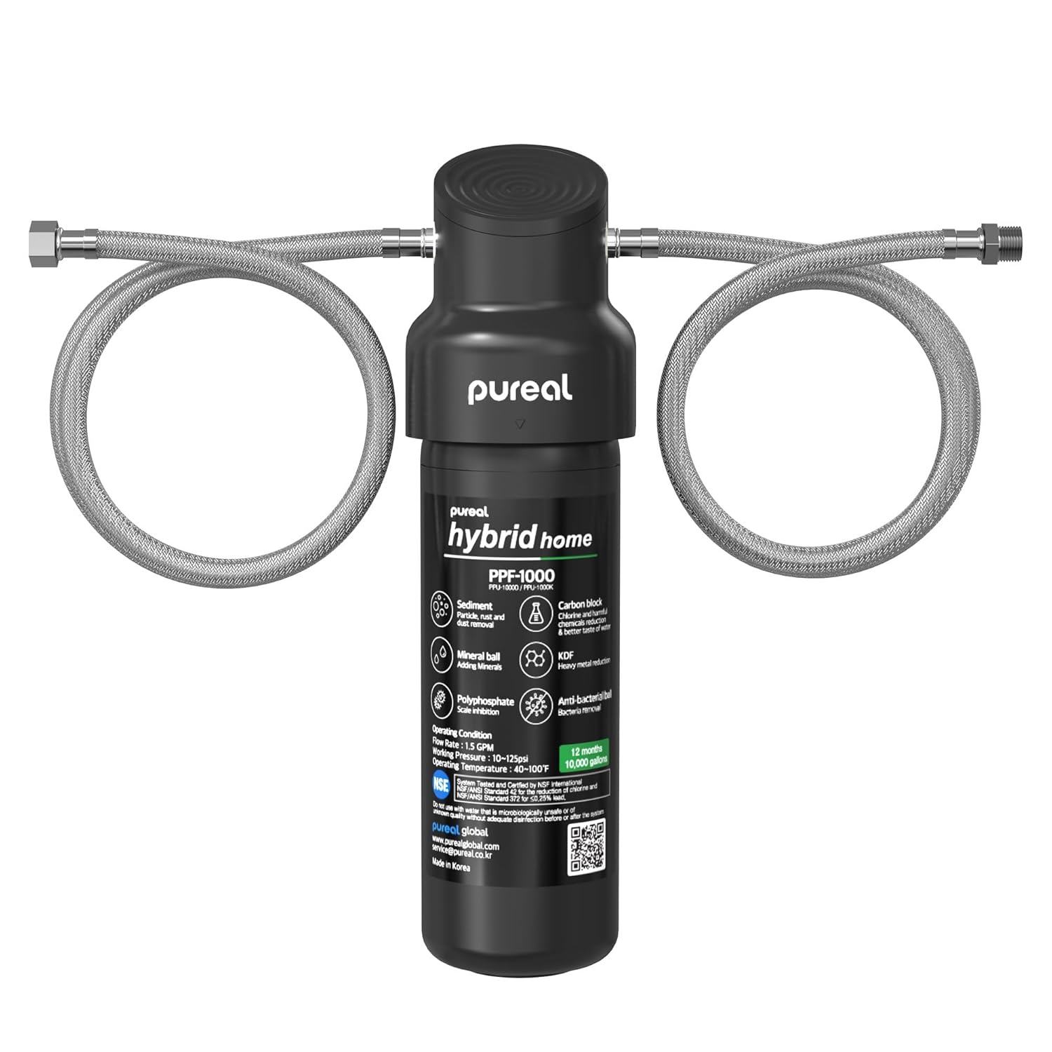 Pureal Hybrid Home PPU-1000K Under Sink Water Filter System, 10K Gallons, NSF/ANSI 42&372, Mineral Sediment Carbon Block KDF Polyphosphate Filter for Scale & Lead & Chlorine