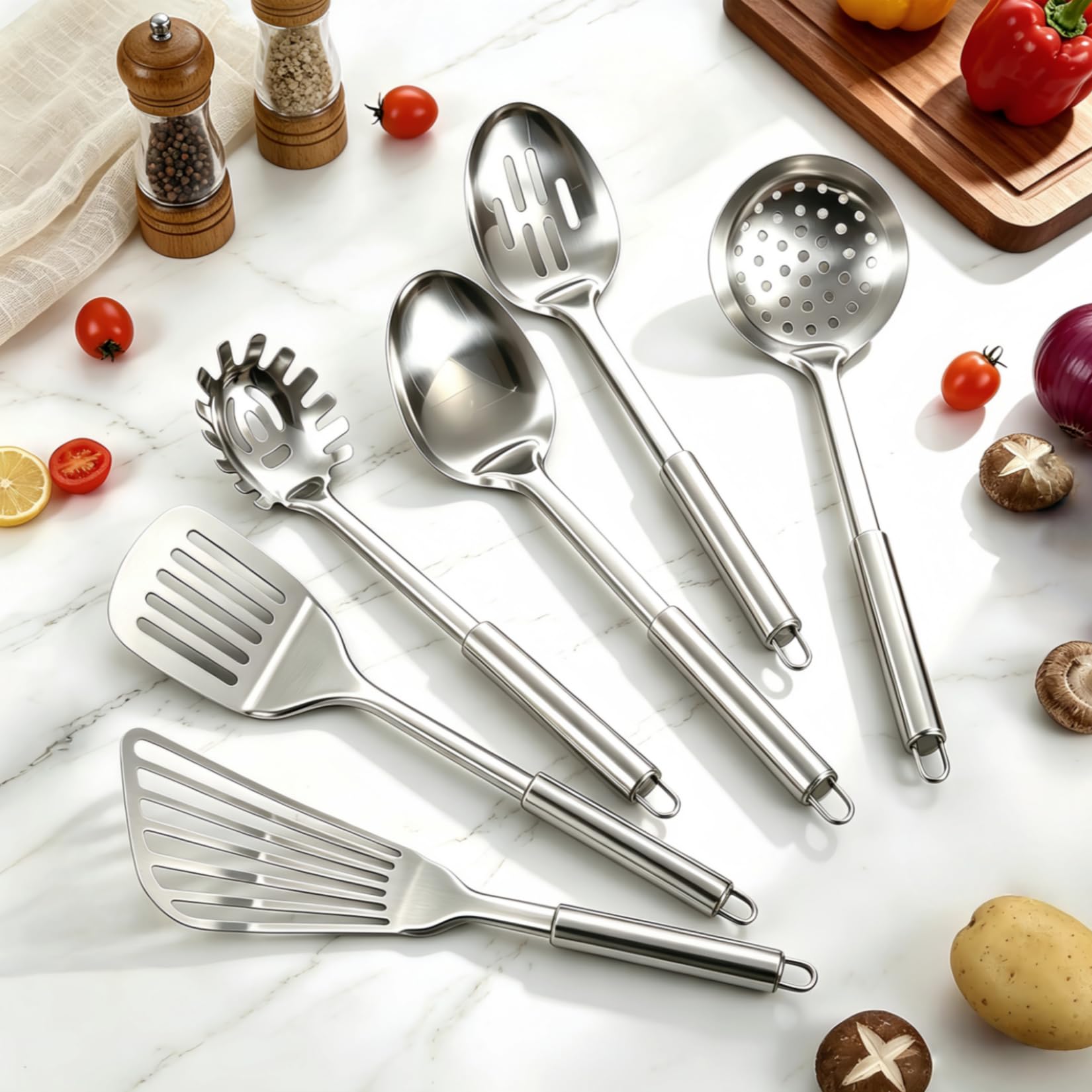 Juego de utensilios de cocina de acero inoxidable, juego de 12 utensilios de cocina con soporte, resistente al calor, para cocinar con volteadores, triturador de patatas, espátula, cucharas, pinzas,