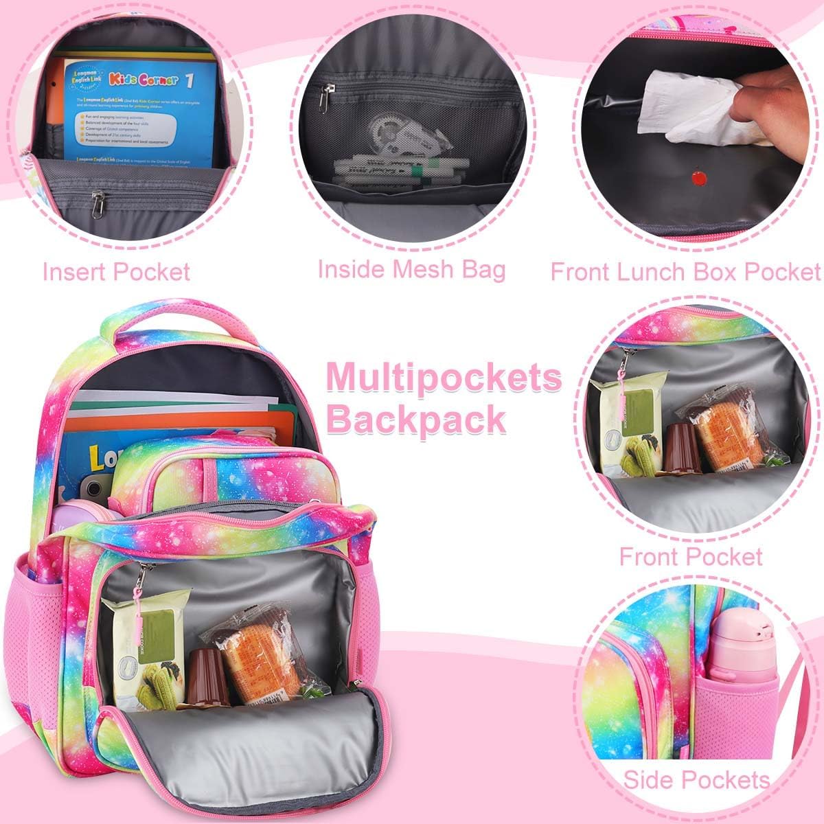 RHCPFOVR Kids Backpack for Girls - Girls Backpack 3-8 Ages Unicorn for Kids 15 Inch School Bookbag for Kindergarten Elementary School Bookbag for Girl 1st 2nd Grade - Image 3