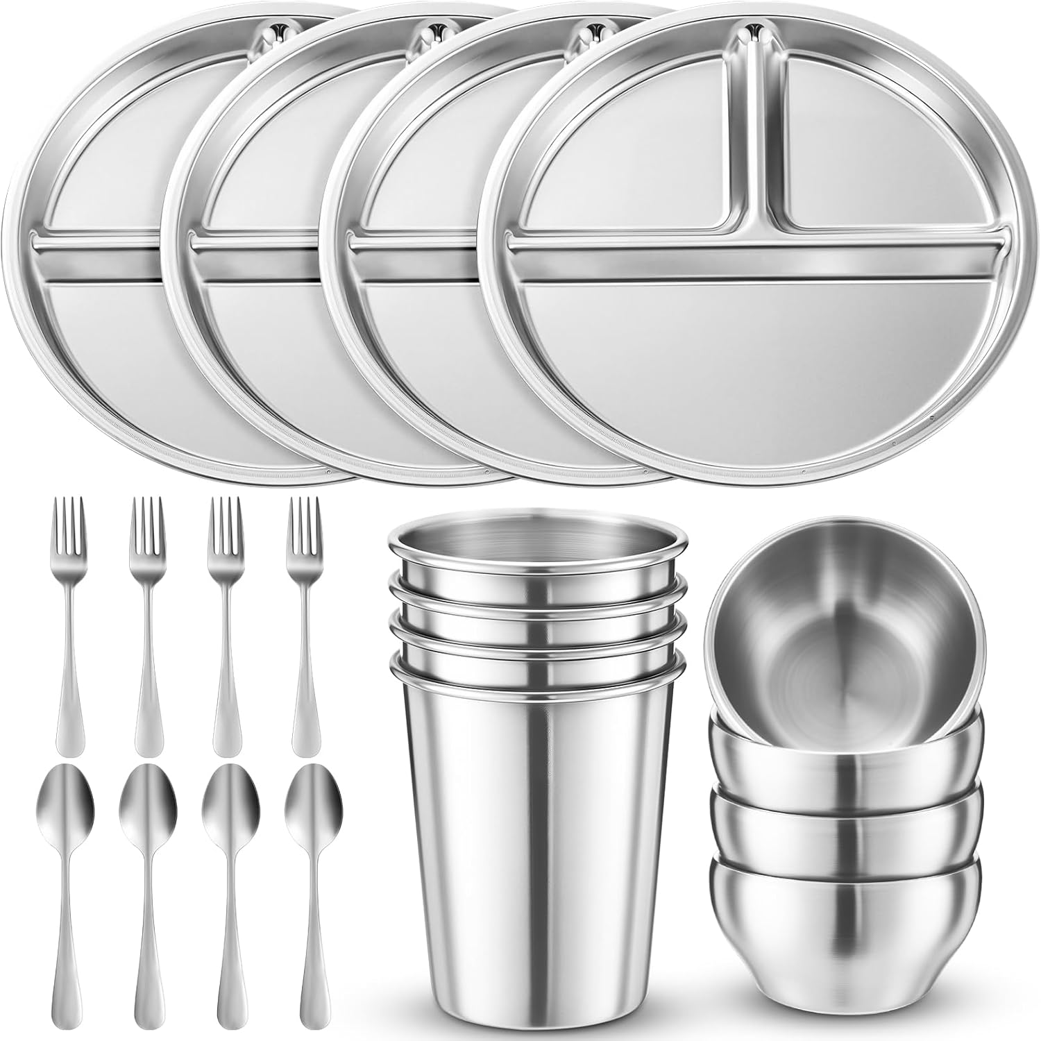 Jinei 20 Pcs Stainless Steel Dishes Set For Kids 4 Stainless Steel Plates, 4 Bowls, 4 Cups, 4 Spoons, 4 Forks, Dishwasher Safe, Durable Dining Set for Children Home Travel Camping