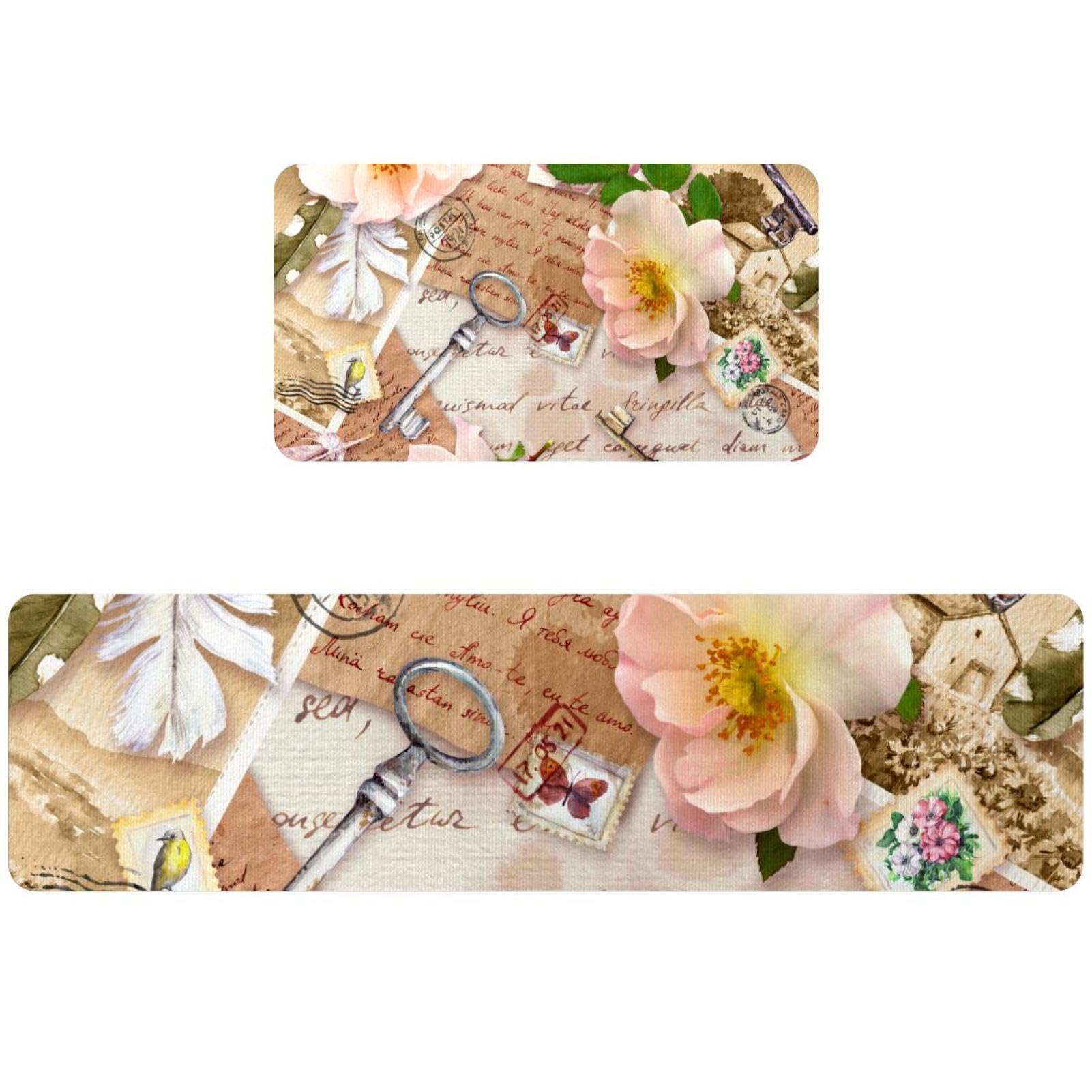 Alfombra absorbente para cocina y pasillo lavable con diseño de plumas vintage rosa, 2 unidades