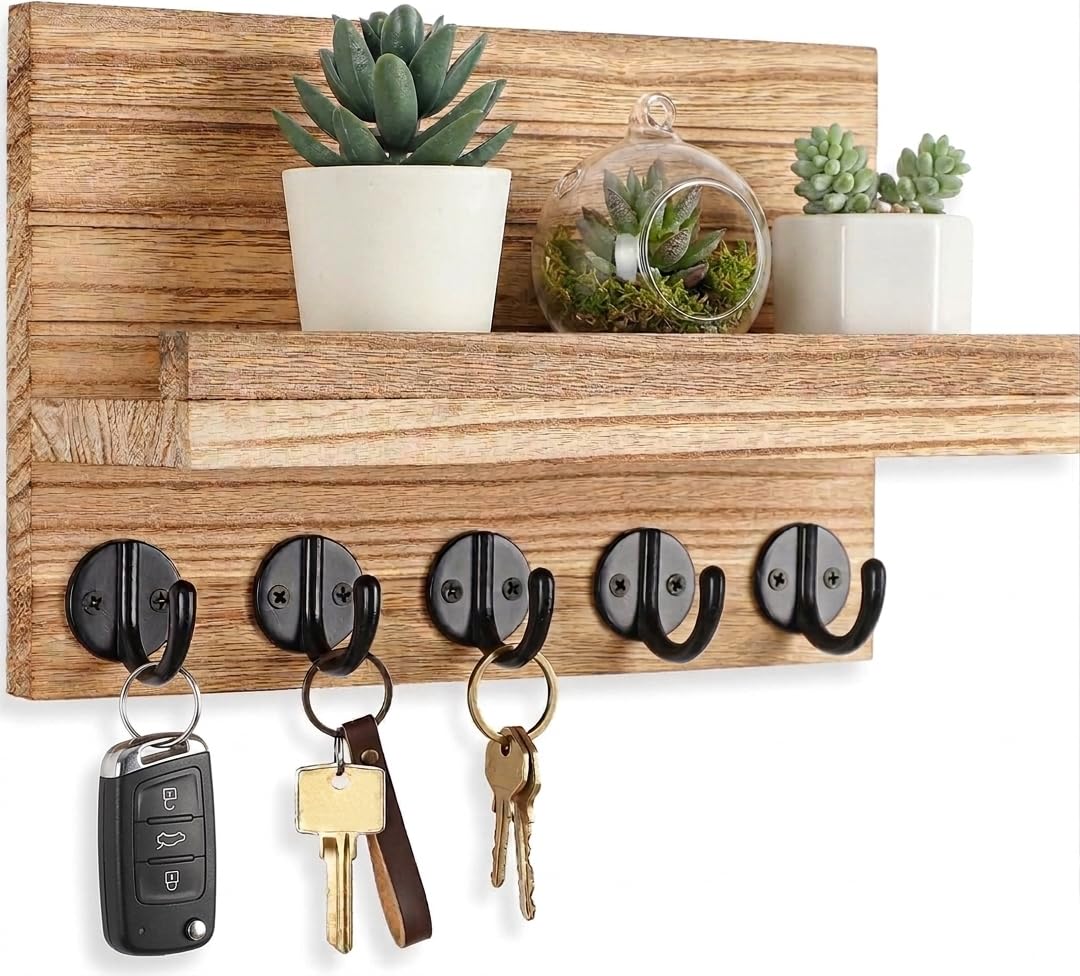 Posoto Key Holder for Wall, 25cm Rustic Wooden Mail Organiser, 5 Hooks